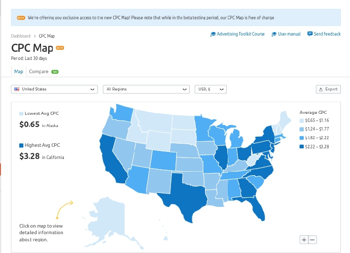 Semrush CPC Map for AdSense