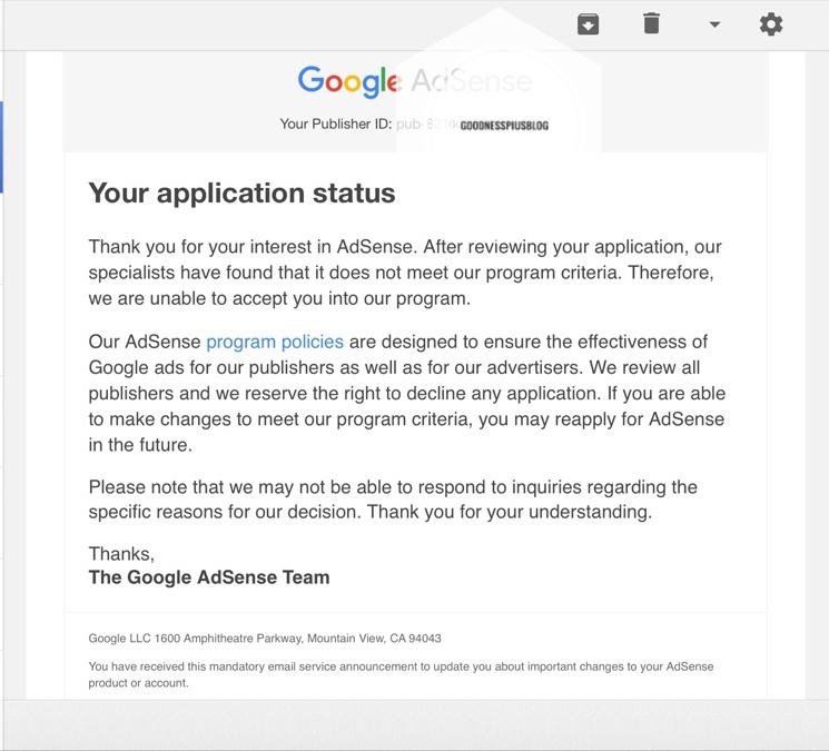 Google AdSense application status